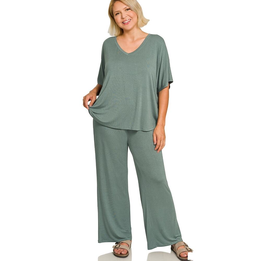 ZENANA WOMEN'S PLUS V-NECK OVERSIZED TOP & PANT SET ASH JADE NEW